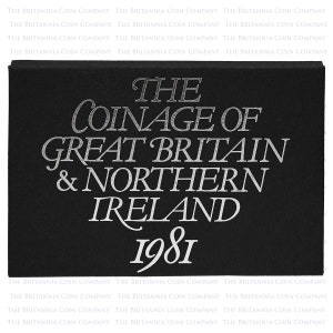 May include: Black box with silver lettering that reads "The Coinage of Great Britain & Northern Ireland 1981". The text "The Britannia Coin Company" is repeated at the top and bottom of the box.