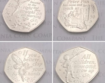 Moneda de 50 peniques de Peter Pan, Real Casa de la Moneda. Monedas de 50 peniques en circulación (Elige tu diseño). Pantomima de la Isla de Man. Territorio y Corona del Reino Unido.