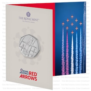 May include: A commemorative coin featuring the Red Arrows, with an image of the planes and the text "Red Arrows". The coin is displayed in a presentation folder with the Royal Mint logo and the text "The Original Maker". The folder also shows the Red Arrows in flight.