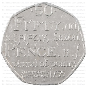 Pode incluir: Uma moeda de prata com a inscrição "50. FIFTY.ad. s. FIFZ13. Saxon. PENCE.n.f. plural of penny. JOHNSON'S DICTIONARY 1755"