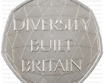 Moneda de 50 peniques de Diversity Built Britain 2020. Real Casa de la Moneda. Circulada. ¡Regalo ideal! Regalos navideños perfectos. Colección de monedas. Monedas del Reino Unido.