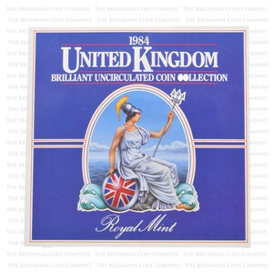 May include: A blue coin collection cover from 1984, featuring the words "United Kingdom" and "Brilliant Uncirculated Coin Collection." It includes an illustration of a woman with a trident and a shield with the Union Jack. The words "Royal Mint" are also present.