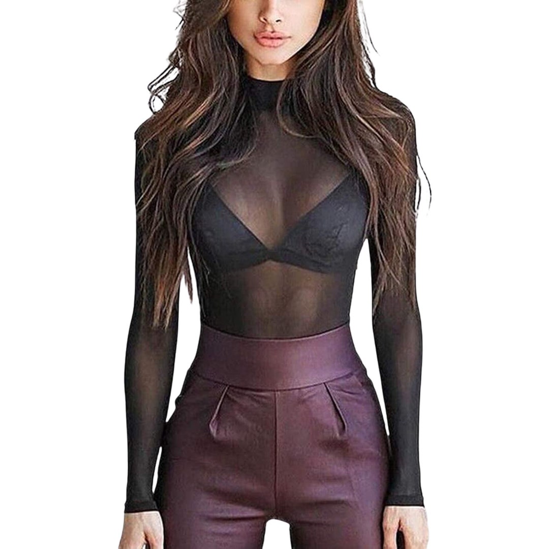Sexy slight stretch mesh see-through diamond long-sleeved top