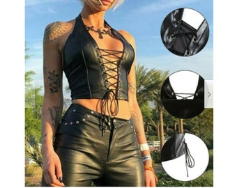 Lace Up Crop Top,Black Faux Leather Crop Top,Lace-Up Corset Bustier,Sleeveless Crop Top,Sexy Crop Top,Workout Crop Tops,Black Crop Top