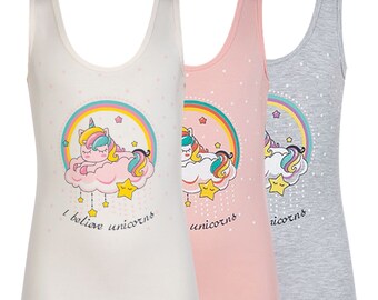 Unicorns Girls Tank Top | Unicorns Girls Strappy Top | Unicorns Girls Wide Strap |  I Believe Unicorns Wide Strap (3 Pack)