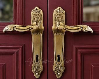 Art Nouveau French Door Handle Pair, Solid Brass Floral Lever, Ornate Scroll Backplate, Mortise Double Leaf Entry Architectural Fitting