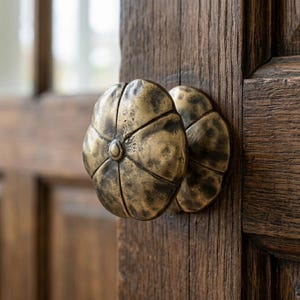 Antyczna mosiężna gałka do drzwi w kształcie kwiatka, rustykalny uchwyt z litego mosiądzu do ciężkich drzwi wejściowych z dębu, okucia architektoniczne w stylu vintage, bez lakierowania