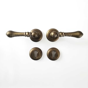 Könnte beinhalten: Satz antiker Türbeschläge aus Messing, bestehend aus zwei Hebelgriffen und zwei Schlüssellochblenden. Die Griffe haben ein gebogenes Design und sind auf kreisförmigen Rückplatten montiert. Die Schlüssellochblenden sind rund mit einem Schlüssellochausschnitt. Die Hardware hat eine Vintage-Ästhetik.