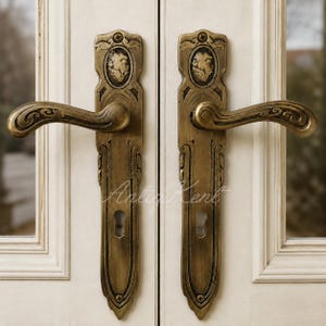 Art Nouveau Door Handle Pair, Solid Brass Portrait Lever, Historicist Cameo Backplate, French Double Leaf Architectural Fitting
