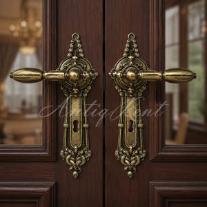 Victorian French Door Lever Pair, Solid Brass Acanthus Handle, Ornate Keyhole Backplate, Mortise Entry Architectural Fitting