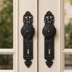 May include: Two dark, metallic door handles with intricate, embossed floral and scrollwork patterns. Each handle features a circular knob mounted on a long, rectangular backplate that includes a keyhole cutout at the bottom and decorative finials.