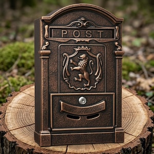 Könnte beinhalten: Eine bronzefarbene Briefkasten mit dem Wort „POST“ oben. Der Briefkasten hat ein Löwenwappen und ein abschließbares Fach. Der Briefkasten ist aus Metall und für den Außenbereich konzipiert.
