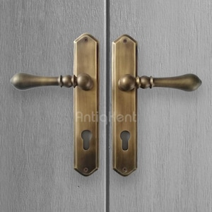 May include: A pair of antique brass door handles with keyholes and a decorative design. The handles are mounted on a light gray wooden door.