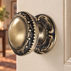 Pomello per porta in ottone massiccio, con rosetta decorata, ferramenta per ingresso di ispirazione vintage, placca posteriore rotonda decorativa, stile vittoriano per case d'epoca.