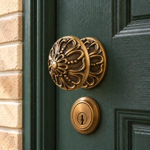 May include: A round, antique brass door knob with an intricate, raised floral relief pattern mounted on a dark green door. Below the knob is a matching circular brass deadbolt lock plate with a central keyhole, set against the door surface.
