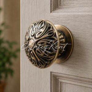 Solid Brass Door Knob, 3.54" Large Round Pull, Ornate Floral Rosette, Vintage Style Entry Interior Architectural Restoration Hardware