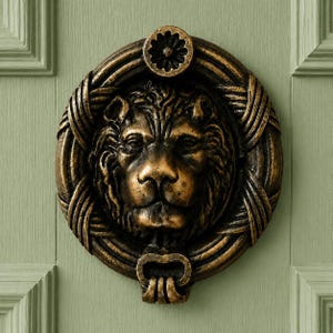 Op de afbeelding: Een ronde deurklopper van bronskleurig metaal met een gedetailleerde leeuwenkop in het midden. De leeuw wordt omlijst door een decoratieve ring met gestructureerde, stralende lijnen en een klein bloemmotief aan de bovenzijde.