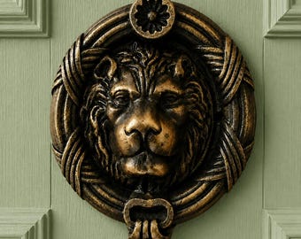 Solid Brass Lion Door Knocker, Handmade Antique Style Entryway Ring, Zodiac Leo Astrological Porch Decor, Gothic House Hardware
