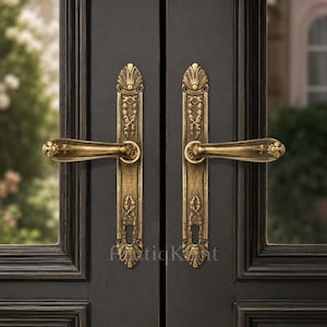 May include: A pair of antique brass door handles with long rectangular backplates featuring intricate embossed floral and leaf motifs. The handles have a curved design with a textured finish, mounted on a dark black wooden door frame.