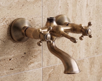 Rustic Solid Brass Fixture: Wall Mounted Bath Faucet, Vintage Style Bathroom Tap