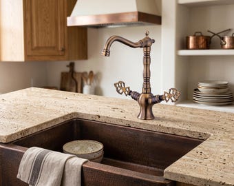 Solid Brass Kitchen Faucet | Rustic High-Arc Swivel Spout Tap | Vintage Style Farmhouse Sink Mixer