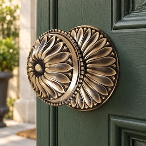 May include: A round, antique brass door knob featuring a detailed, raised petal or floral design. The knob is mounted on a dark forest green door with a paneled frame. The metallic finish has a weathered, darkened patina in the recessed areas.