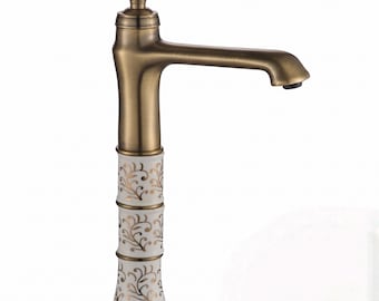 Antikes Messing gemusterte keramische Gefäß-Waschbecken-Hahn | Vintage Stil hohe Badezimmer Armatur