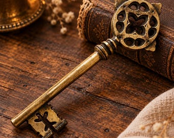 May include: An antique-style brass key featuring a circular bow with an intricate openwork quatrefoil pattern and a long cylindrical shank. The bit at the end of the key has a distinct cut-out design, and the metal surface displays a weathered finish.