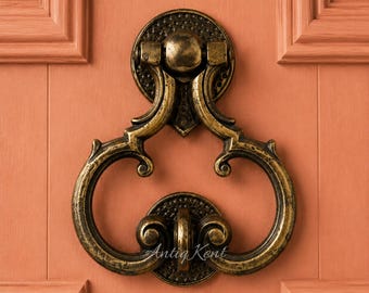 Aged Brass Door Knocker, Handmade Sand Cast Distressed Metal, Antique Patina Front Entryway Hardware, Victorian Old Gold Finish Manor Pull