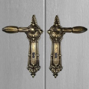 Può includere: Un paio di maniglie per porte in ottone ornate con dettagli intricati e un buco della serratura. Le maniglie sono montate su una porta grigio chiaro.