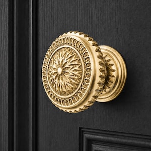 Polished Brass Door Knob, 3.74" Floral Medallion Hardware, Bright Gold Finish, Entry Accent, Heritage Renovation Fitting, Luxury Interior