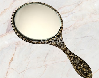 Hand Mirror, Vintage Style Mirror, Antique Ornate Hand Mirror, Antique Brass Handmade Mirror, Wonderful Gift For Ladies