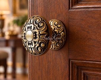Ornate Door Knob, Solid Brass Scrollwork Push Pull Handle, Baroque Revival Rosette, Vintage Style Classical European Entry Hardware