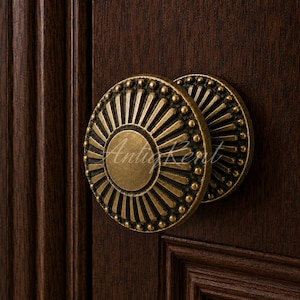 Antique Brass Door Knob, Solid Sand Cast Round Pull with Rosette, Victorian Entry Interior Old House Architectural Restoration Hardware