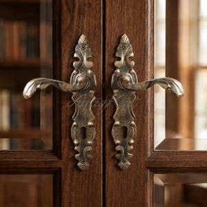 Op de afbeelding: Een paar sierlijke deurklinken van messing in antieke stijl met een verweerde afwerking, gemonteerd op dubbele deuren van donkerbruin hout. Elke klink heeft een decoratief, langwerpig schild met een sleutelgat en een gebogen hendel.