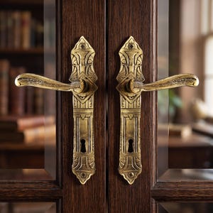 Französische Türdrückerpaar aus massivem Messing, antikes Eingangsbeschlagset, verzierte Doppelgriffe, Jugendstil-Innentürgriffe