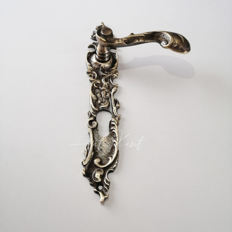 May include: Ornate brass door handle with a keyhole and intricate floral designs. The handle is attached to a decorative backplate.