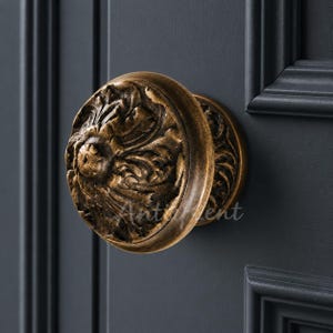 Solid Brass Door Knob, 4.3 Inch Antique Pull, Rococo Baroque Floral Handle, Sand Cast Victorian Hardware, Leaf Relief Accent
