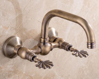 Wall-Mount Bridge Faucet with Scalloped Shell Levers | Solid Brass Kitchen Tap