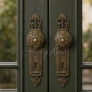 Pode incluir: Dois puxadores de porta em latão de estilo antigo com intrincados gravados florais e volutas. Cada puxador possui um botão redondo e uma placa retangular com uma fechadura, montados verticalmente numa porta de cor verde escura.