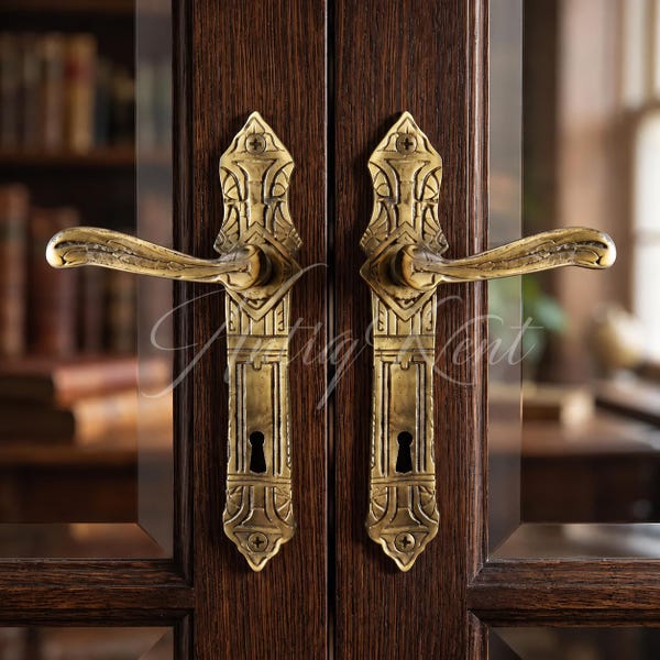 Fransk dörrhandtag, par, massivt mässingshandtag i jugendstil, utsmyckad geometrisk bakplatta, infälld dörröppning från renoveringsperioden