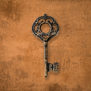 May include: An ornate antique key with a decorative head and a long, slender shaft. The key is made of brass and has a worn, aged finish.