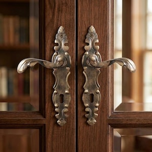 Rococo French Door Handle Pair, Solid Brass Acanthus Lever, Botanical Backplate, Mortise Double Leaf Entry Period Renovation Fitting