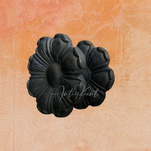 Può includere: Due pezzi decorativi in metallo nero a forma di fiore con dettagli intricati. I pezzi si sovrappongono leggermente e hanno un aspetto rustico e invecchiato.