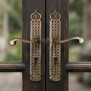 Large Solid Brass Door Handle Pair, Moorish Geometric Long Backplate Lever , Antique French Door Hardware, Handcast