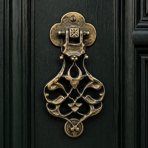 May include: An antique brass door knocker with a weathered finish and intricate scrollwork detailing. The knocker features a clover-shaped top plate secured by a single screw, a hinged swinging mechanism, and a circular base plate at the bottom.