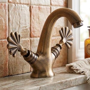 Grifo mezclador de lavabo artesanal de latón con forma de concha festoneada - Acabado bronce envejecido, grifo de doble manija para tocadores de diseño.