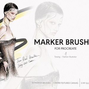 May include: Digital art illustration featuring a fashion sketch of a woman in a sparkling dress. The image includes the text "MARKER BRUSHES FOR PROCREATE" and the artist's name, "Torang - Fashion Illustrator."