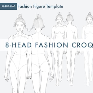 8-Head Fashion Figure Vector Template – Front & Back Views – Runway Pose