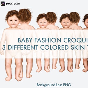 May include: Six baby fashion croquis with different skin tones, standing in a row. The croquis are facing forward and have brown hair. The background is white. "BABY FASHION CROQUIS 3 DIFFERENT COLORED SKIN TONES" is written in blue text above the croquis. "Background Less PNG" is written in blue text below the croquis.